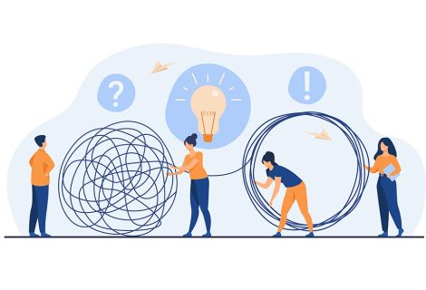Team of crisis managers solving businessman problems. Employees with lightbulb unraveling tangle. Vector illustration for teamwork, solution, management concept